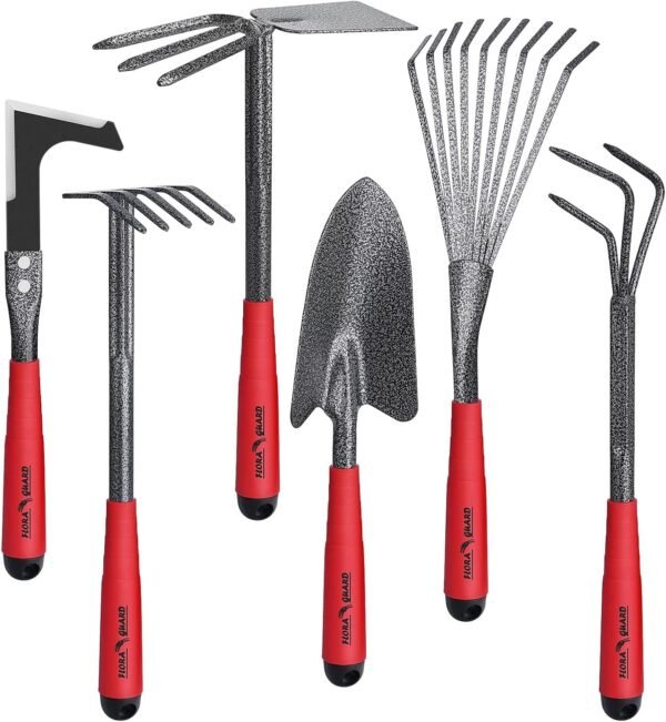 FLORA GUARD Garden Tools Set， 6 Pieces Heavy Duty, Large Size Gardening Hand Tools, Sturdy & Durable, Classic Utility Tools for Planting and Maintaining Gardens, Vegetable and Medicinal Gardens