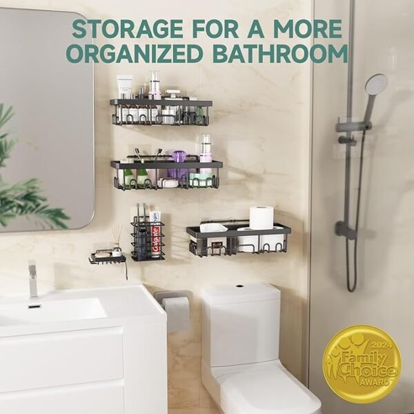 Veken Adhesive Shower Caddy 6-Pack, Large Capacity Bathroom Organizers and Storage, Rustproof Shelves Rack with Soap Holder, No Drilling Wall-Mounted Kitchen & Home Decor, Bath Decor&Essentials, Black