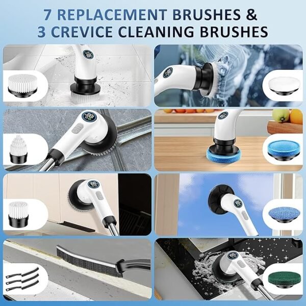 Electric Spin Scrubber, Full-Body IPX7 Waterproof Cordless Power Cleaning Brush with Adjustable Extension Handle, 2-Speed Shower Scrubber with 7 Replaceable Brush Heads for Bathroom, Kitchen Cleaning