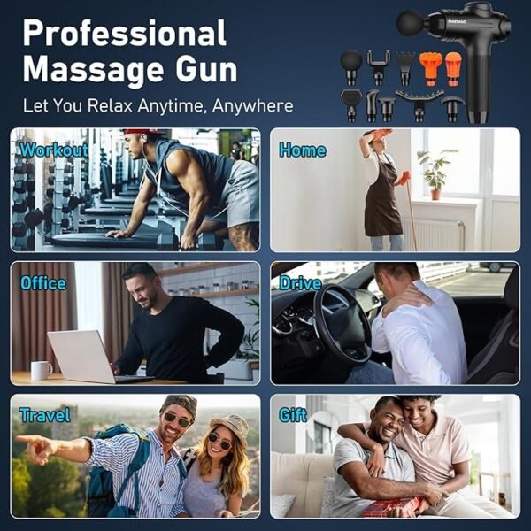 RAEMAO Massage Gun, Massage Gun Deep Tissue, Back Massage Gun for Athletes for Pain Relief Attaching 10 PCS Replacement Heads, Percussion Massager with 10 Speeds & LED Screen, Black