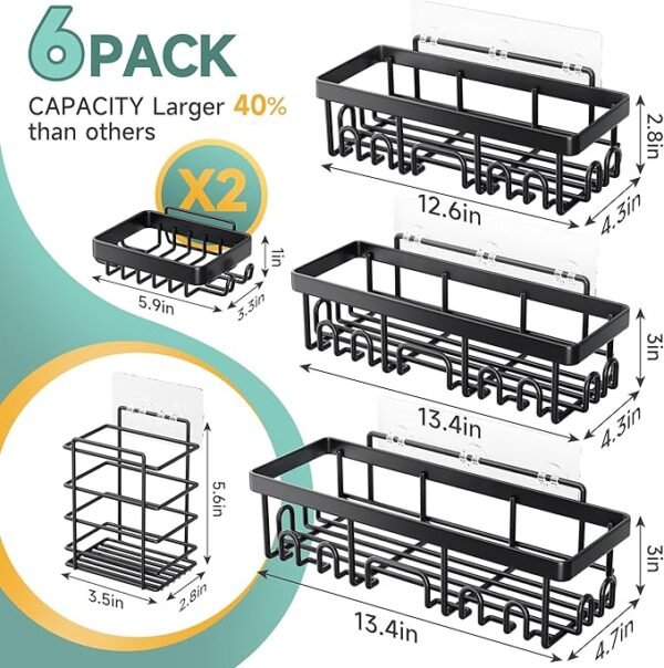 Veken Adhesive Shower Caddy 6-Pack, Large Capacity Bathroom Organizers and Storage, Rustproof Shelves Rack with Soap Holder, No Drilling Wall-Mounted Kitchen & Home Decor, Bath Decor&Essentials, Black